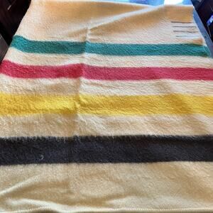 Vintage Hudson's Bay Wool Blanket 4-Point 88x72” Green Red Yellow Black Stripes